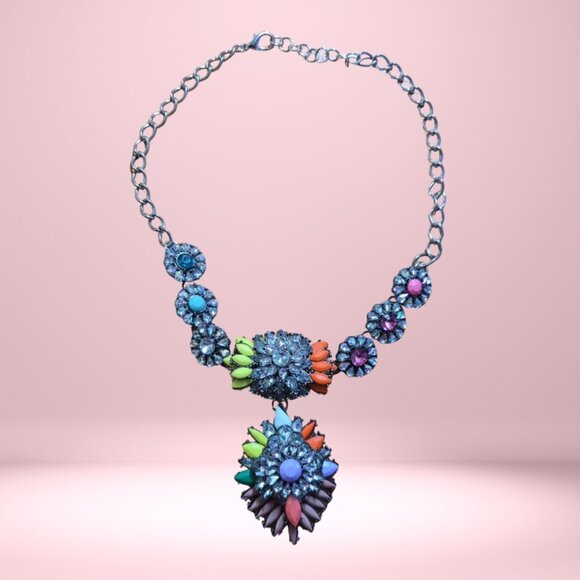 Multicolor Rhinestone Bib Statement Chain Link Necklace - Picture 1 of 7
